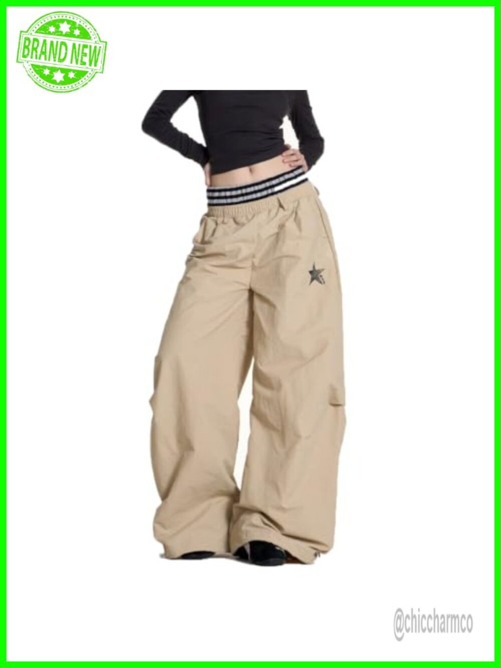 Women's Wide Leg Parachute Pants High Rise Taffeta Streetwear